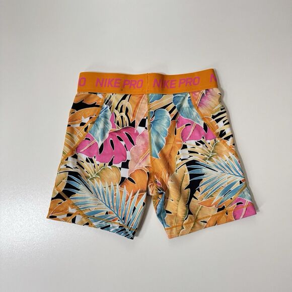 Nike Pro Shorts Dri-Fit Girl's Large 5" Inseam Athletic Orange Peel Printed - Picture 4 of 4